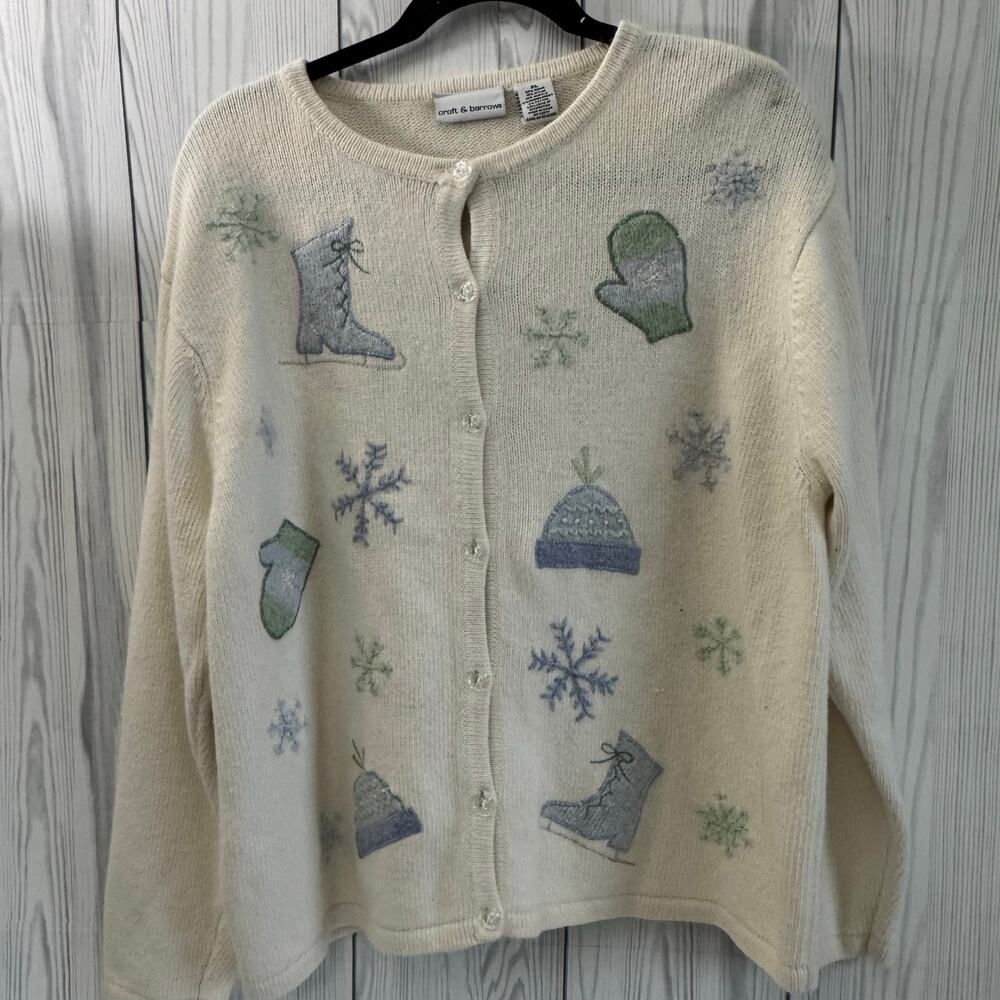 Croft Barrow Cardigan Sweater Women XL White Wool Christmas Snow Grandma